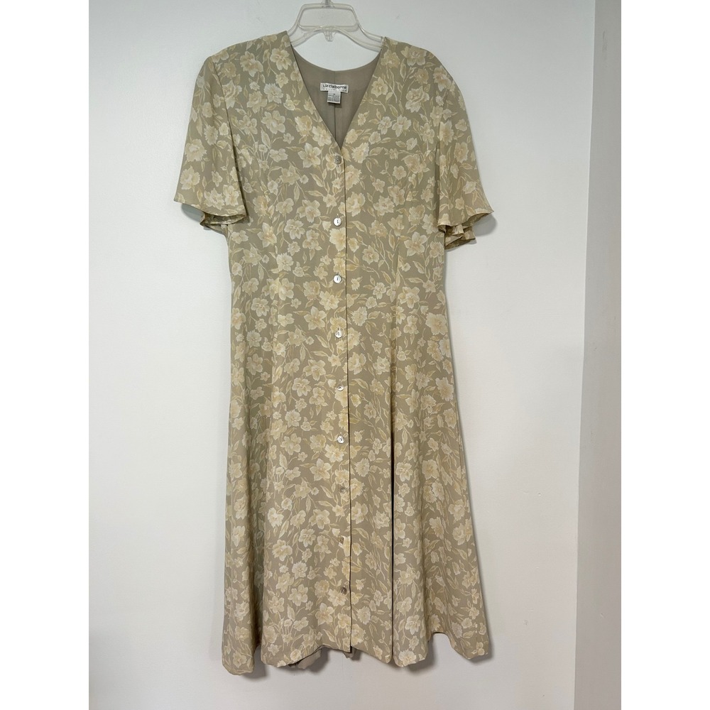 Liz Claiborne Vintage 90s Floral Button Front Midi Dress Beige Women Size 14